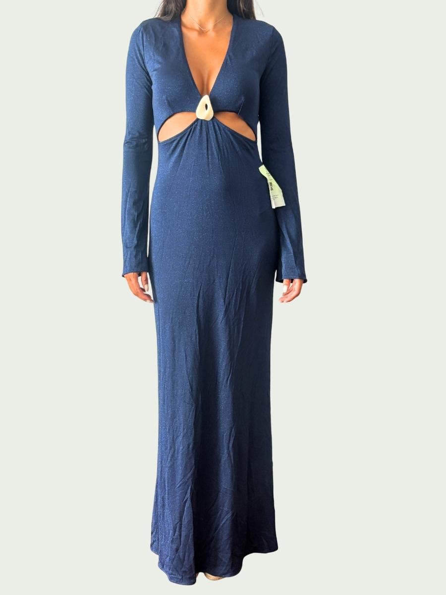 Bao Bab - Vestido de Noche Azul | Manga Larga Tela Brillosa Nuevo con Tag