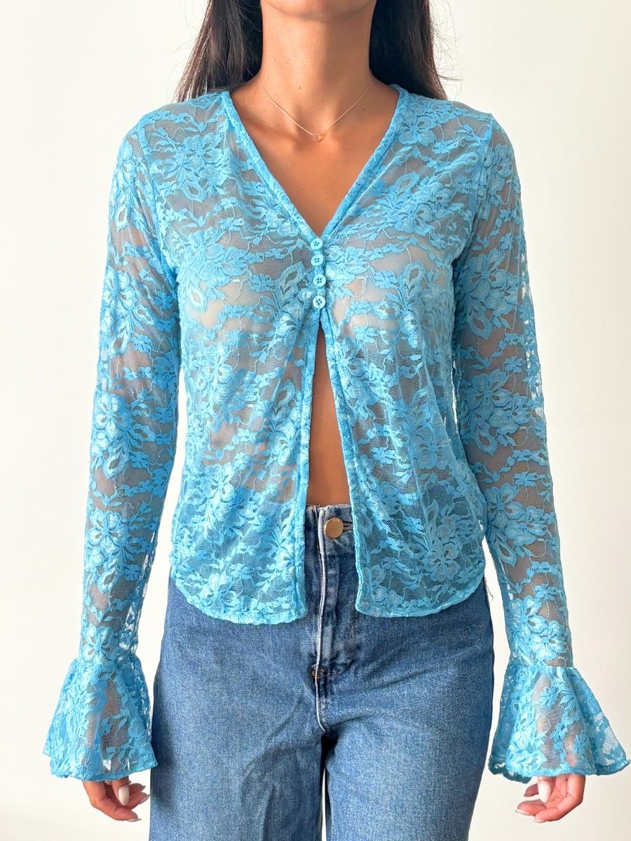 The Sand - Blusa de Encaje Azul Marino | Manga Larga Romántica