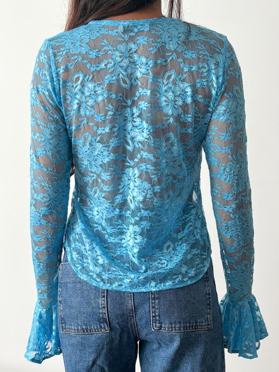 The Sand - Blusa de Encaje Azul Marino | Manga Larga Romántica