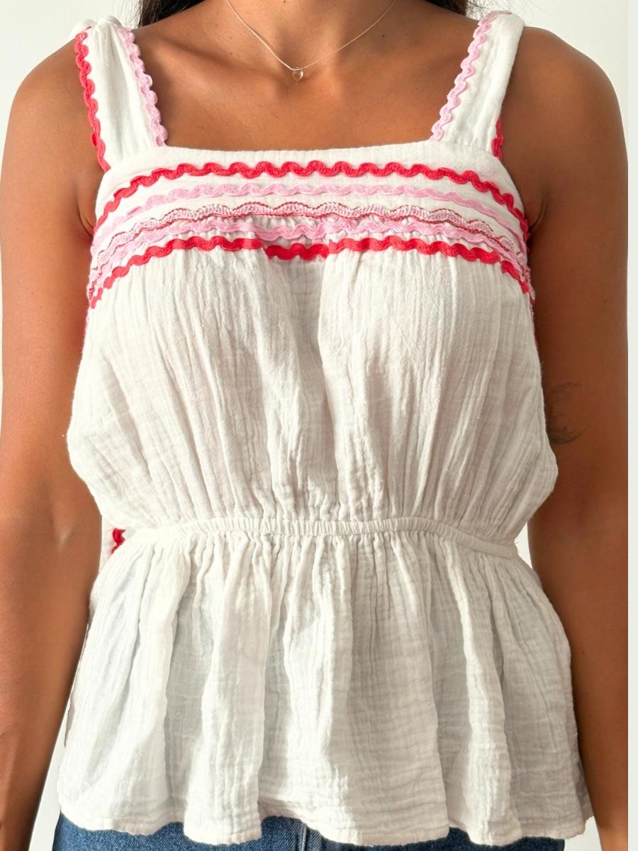 Splash - Blusa Blanca Bordados | Amarres en Hombros Rosa y Rojo